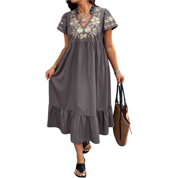 Women's Plus Size Boho Floral Embroidery Long Dress Vacation Beach Party - Picture 1 of 4